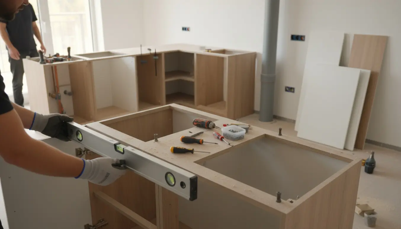 Montering af fladpakket L-formet køkken i nyrenoveret køkkenalrum med udskårede bordplader og værktøj.