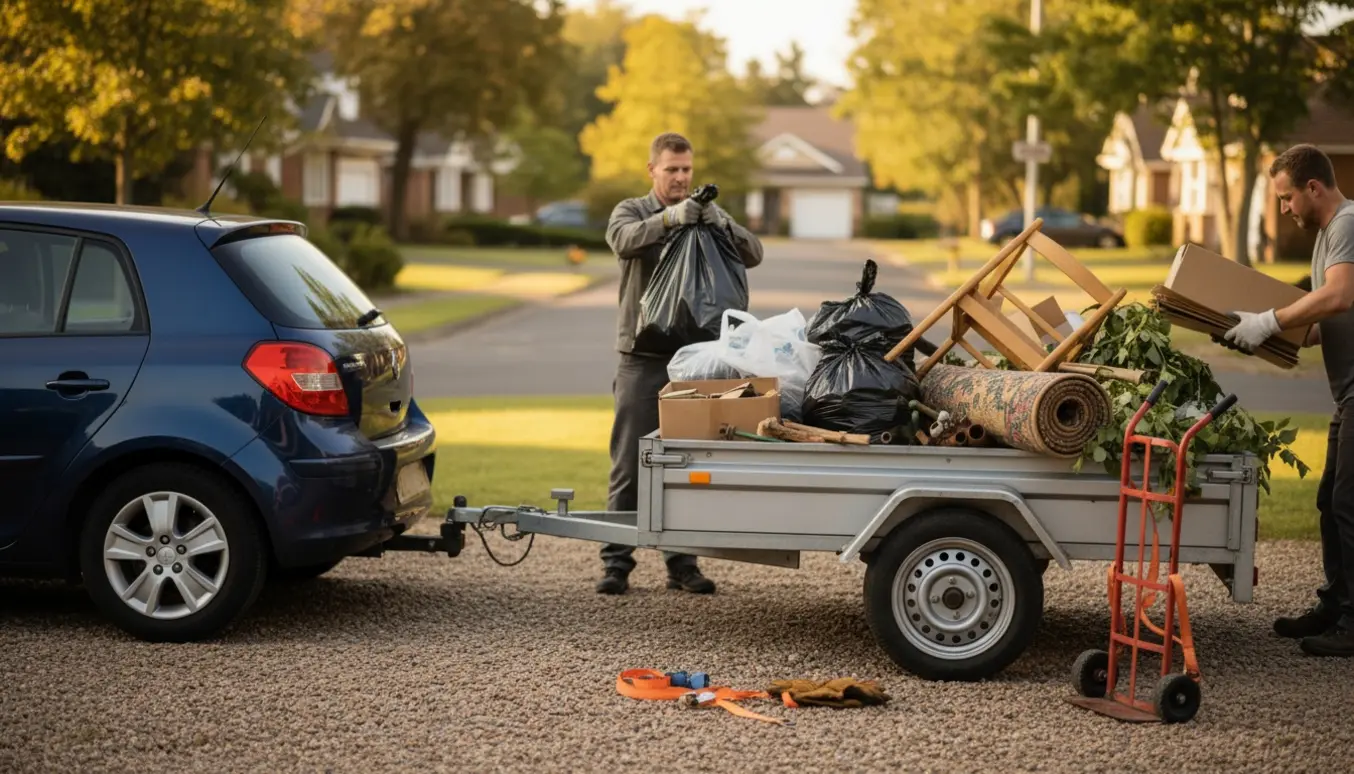 Bil med tilkoblet trailer på indkørsel, hvor to personer læsser blandet affald.