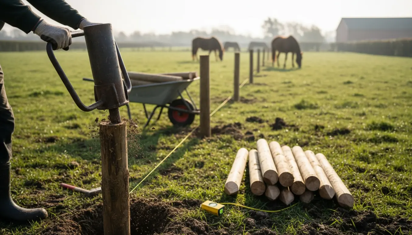 Nærbillede af pælebankning af træpæle til hestehegn i en soloplyst fold.