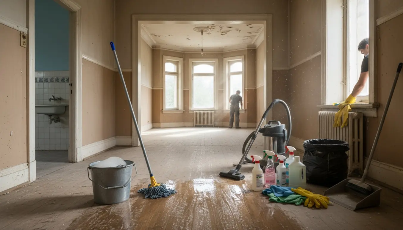 Tomt, ældre hus under grundig rengøring med moppe, støvsuger og rengøringsmidler.