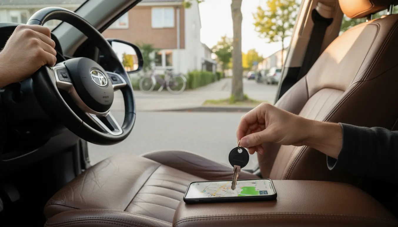 Hånd placerer en nøgle på bilsædet med en sløret dansk forstad i baggrunden.