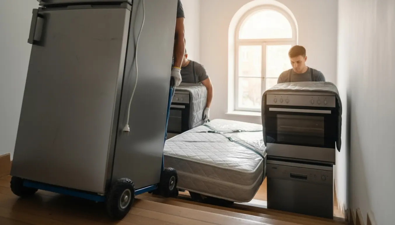 To flyttemænd bærer et køleskab, komfur, opvaskemaskine, emhætte og en indpakket 160x200-madras ned ad en trappe.