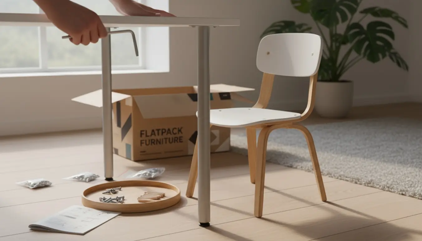 Nærbillede af hænder, der samler et fladtpakket skandinavisk skrivebord og en studie-stol med værktøj og skruer.