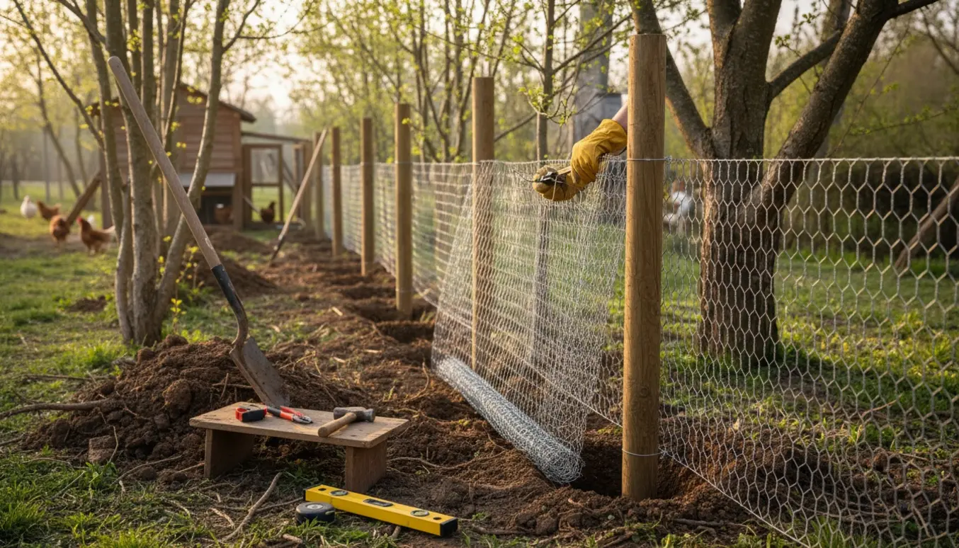 Rionet fastgøres til nedgravede stolper ved udvidelse af en hønsegård blandt små træer.