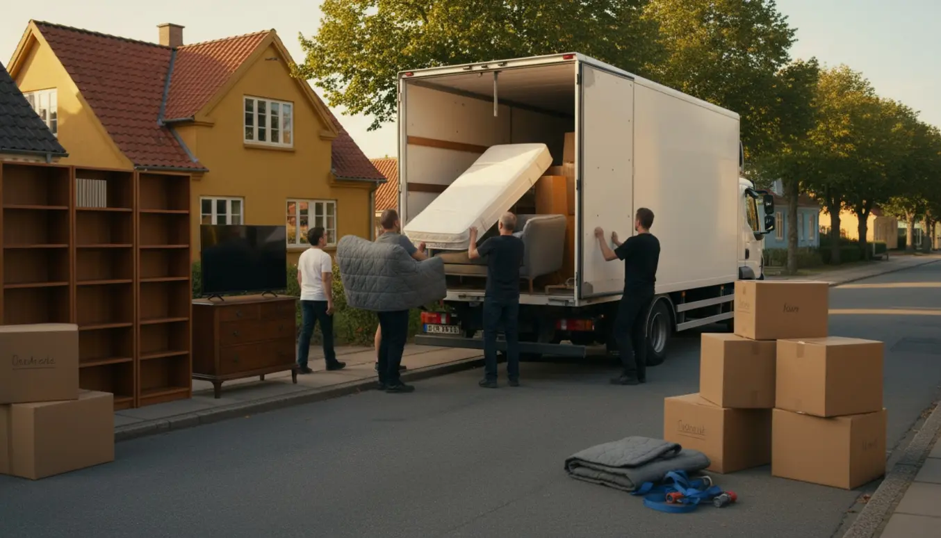 Flyttefolk læsser møbler og flyttekasser ind i en åben flyttebil foran rolige huse på en solrig villavej.