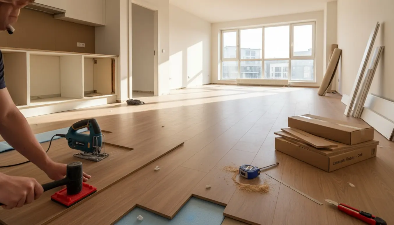 Laminatgulv lægges i en lys, åben lejlighed med værktøj og stakke af planker.