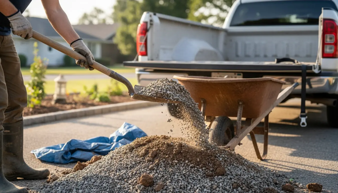 Trillebør læsses med blandet stabilgrus og lerjord ved en pickup klar til bortkørsel.