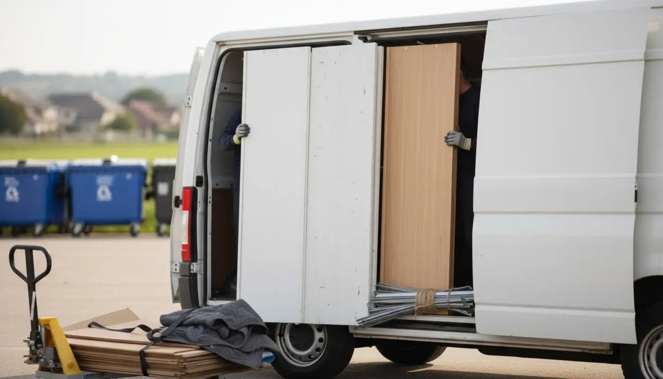 Fire skydelåger, metal skinner og garderobesider læsses ind i en umarkeret varevogn ved genbrugspladsen, uden synlige ansigter.