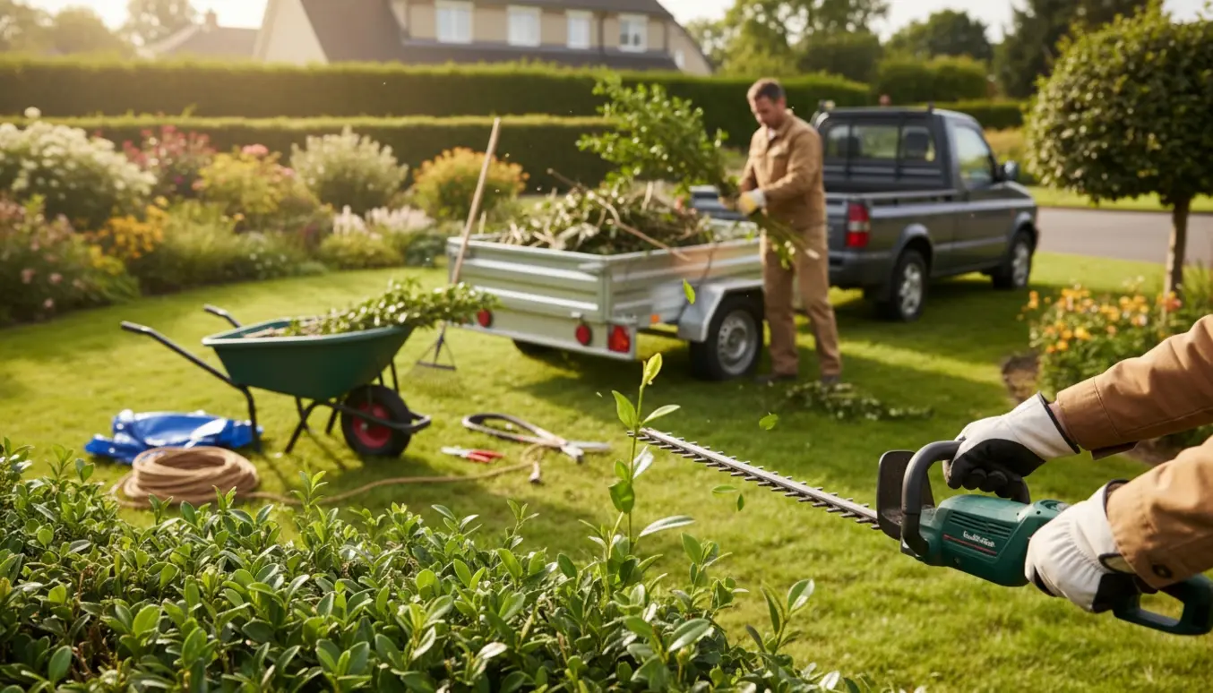 Havearbejde med hækkeklip og beskæring, grene læsses i en trailer.