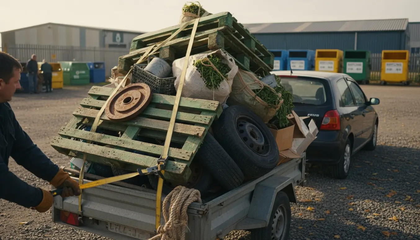 Trailer læsset med storskrald — paller, vægtskiver, gamle bildæk og poser med haveaffald — ved en genbrugsplads.