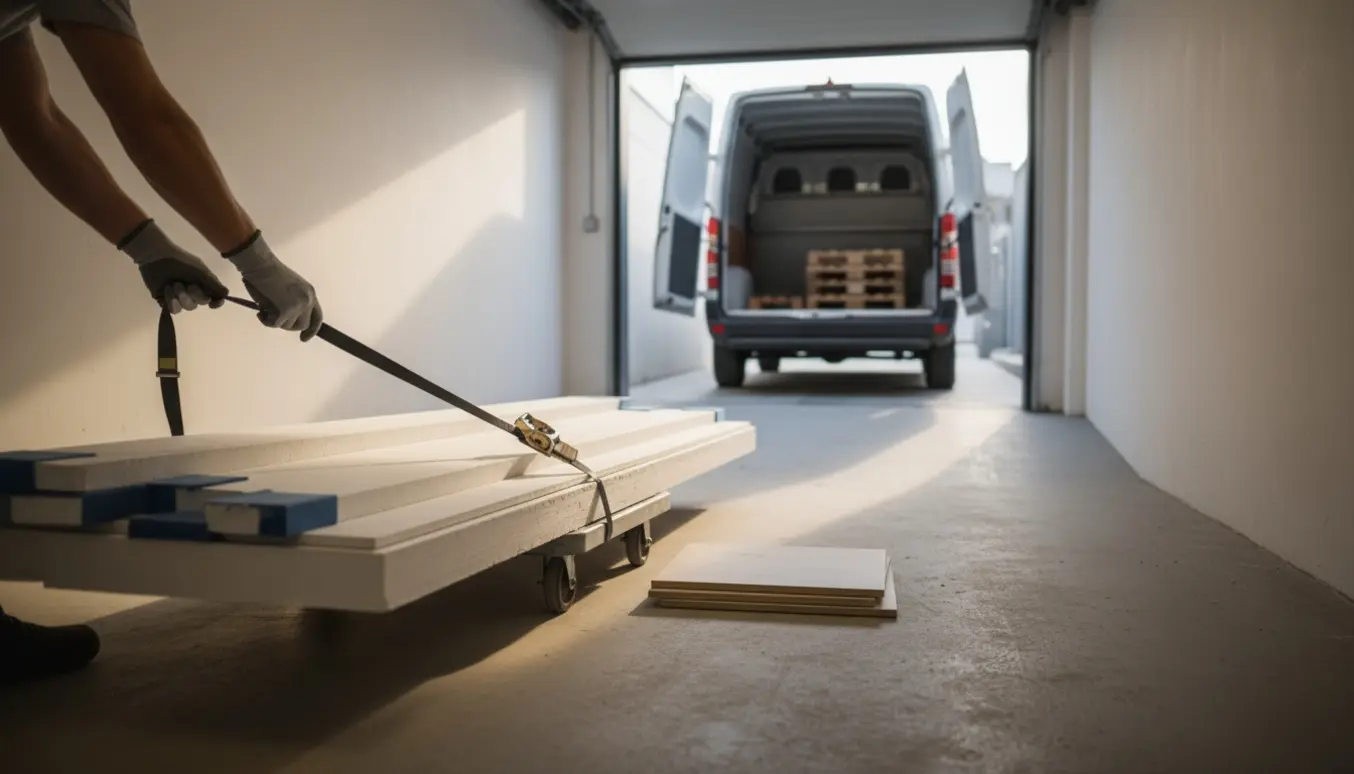 Fire gipsplader og et par fliser læsses fra et kælderrum via en lav rampe ind i en varevogn uden trapper.