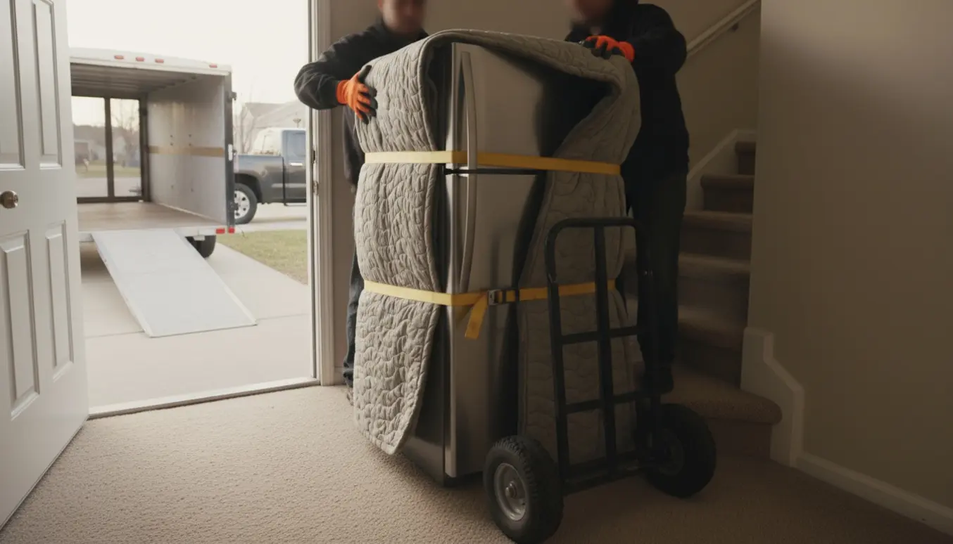To mænd bærer et køleskab ned ad en trappe og læsser det på en åben trailer med flyttetæpper.