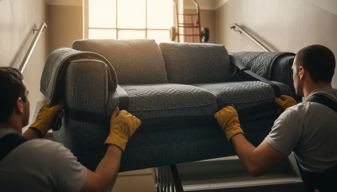 To personer bærer en stor sofa op ad en smal opgangstrappe med flyttetæpper og stropper.