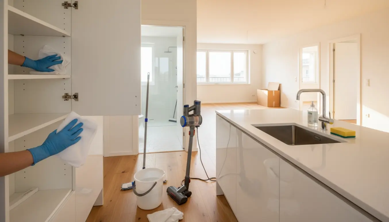 Soloplyst lejlighed under slutrengøring med støvsuger, moppe og hænder, der tørrer indvendige skabe.