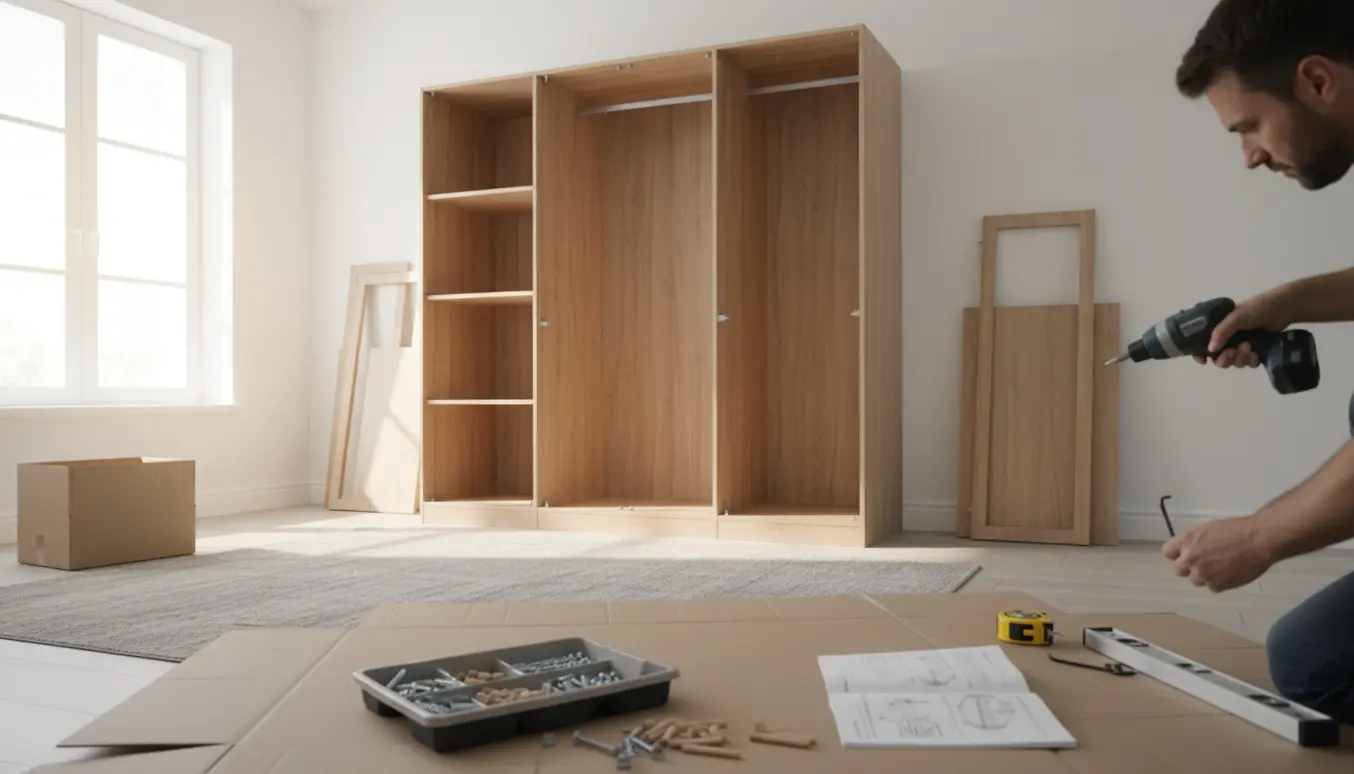 Hænder samler et stort modulskab i et lyst soveværelse med værktøj og dele spredt omkring.