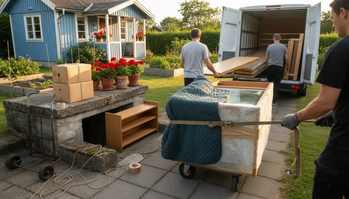 Flyttefolk læsser adskilte møbler og kasser fra et kælderrum ind i en varebil ved en kolonihavehytte.