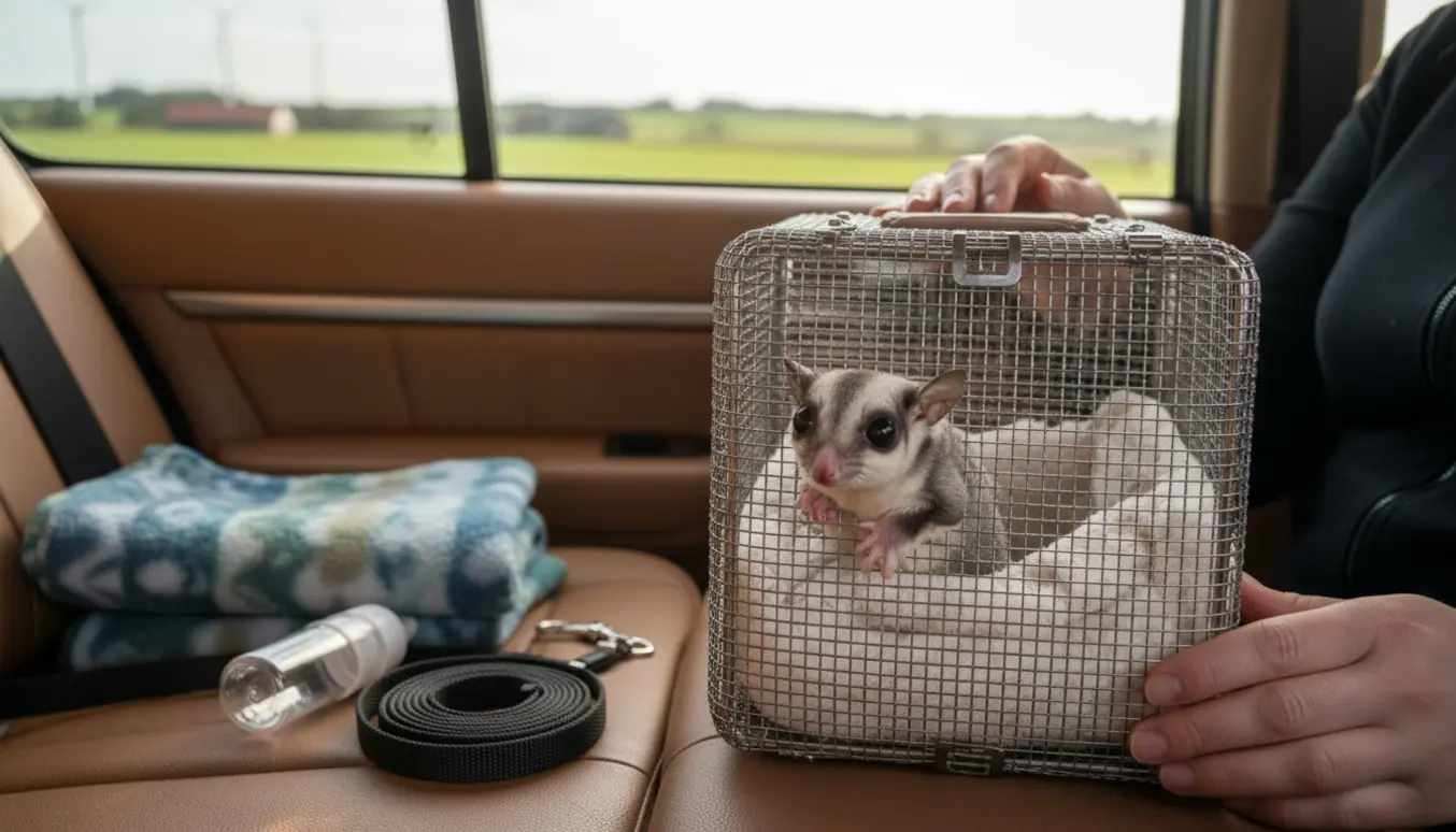 Sugarglider i en lille transportkasse med fint metalgitter på bilens bagsæde under en rolig køretur gennem midtjyske marker.