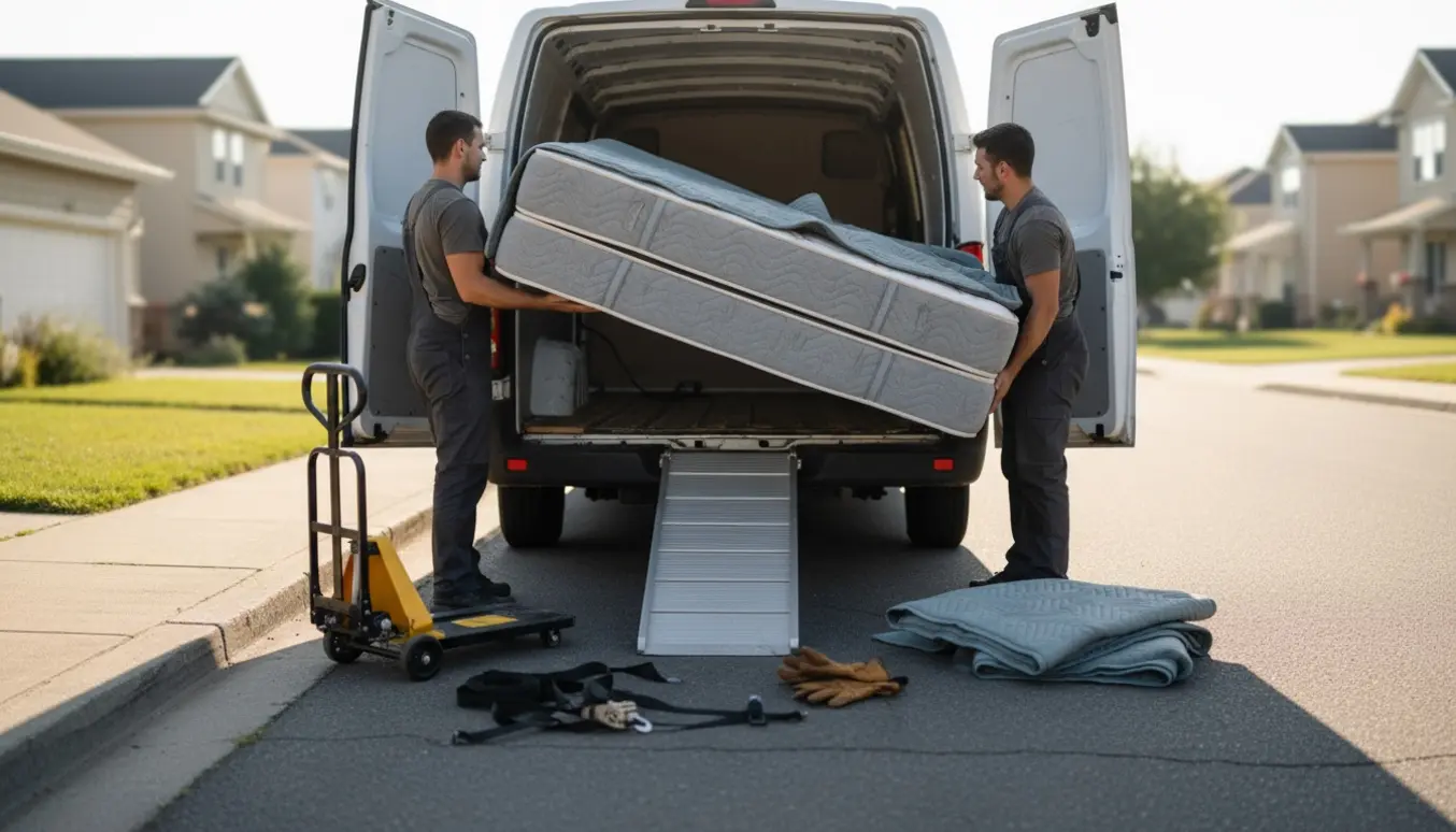 To personer løfter en stor dobbelmadras ind i en varevogn ved kantstenen med flyttetæpper og surringsremme.