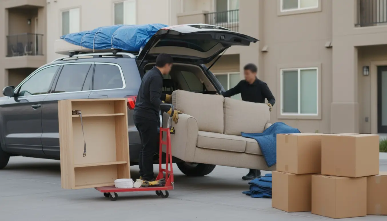 Sofa og reol bæres ind i bagagerummet på en SUV under en solrig flyttedag.