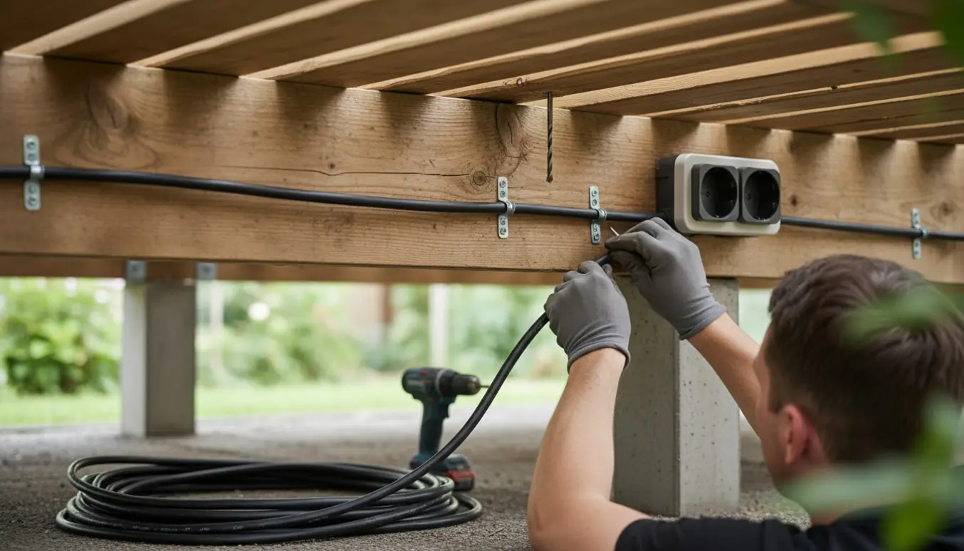 Elektriker monterer et gråt dobbelt udendørsstik under en lav terrasse og fastgør kabel med metalbeslag.