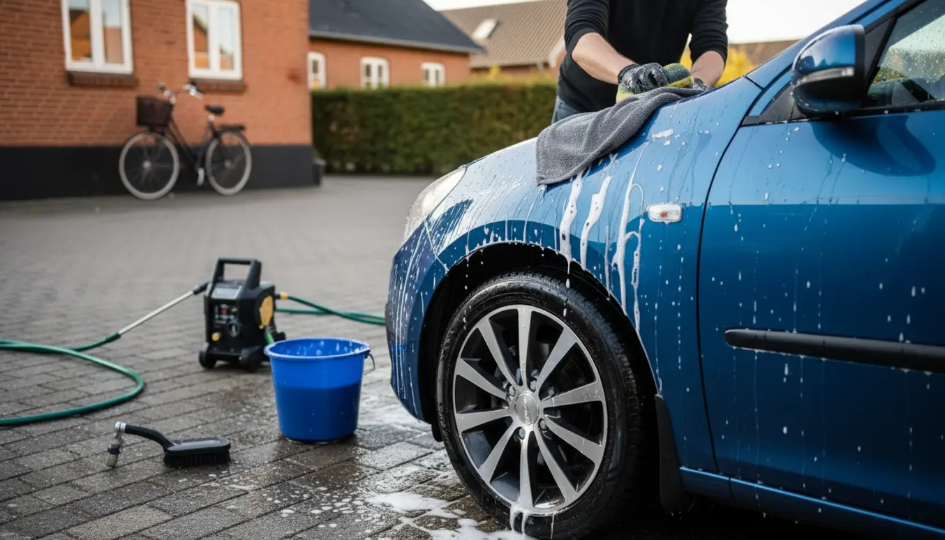 Bil bliver vasket i indkørslen ved et parcelhus med sæbe, spand og haveslange.