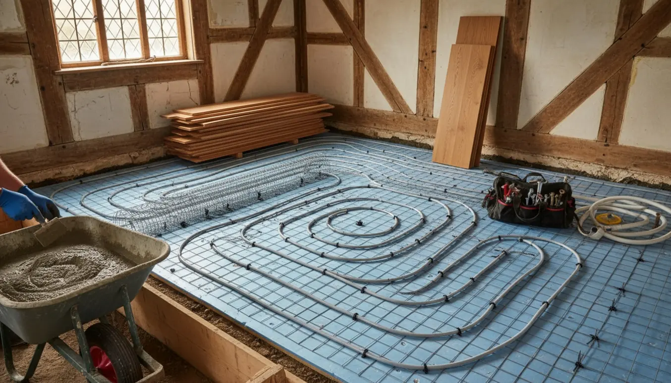 Gammelt bindingsværkshus under gulvrenovering med isoleringsplader, rionet og gulvvarmerør klar til støbning.