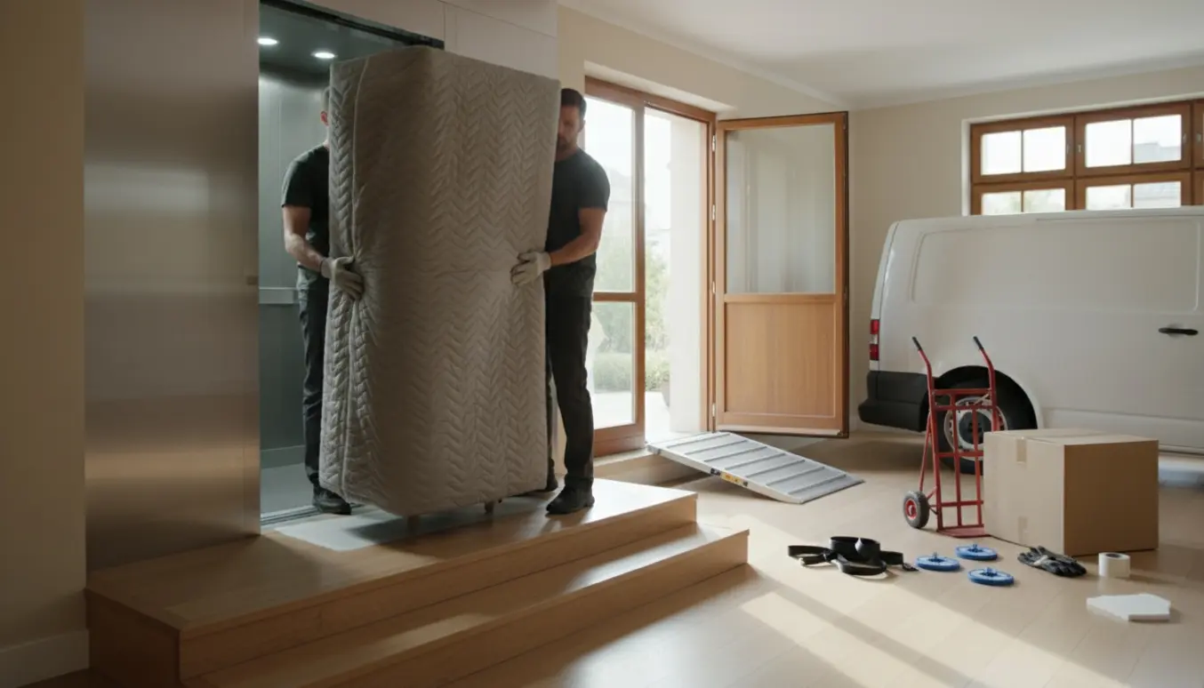 Et indpakket skab bæres ind fra elevatoren til stuen med en flyttekasse på sækkevogn og en hvid varevogn uden logo udenfor.