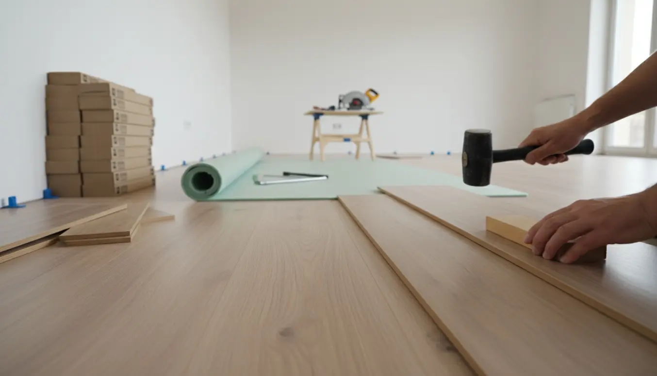 Et aflangt tomt værelse hvor laminatgulve lægges, med stakke planker, underlag, værktøj og hænder, der slår en planke på plads.