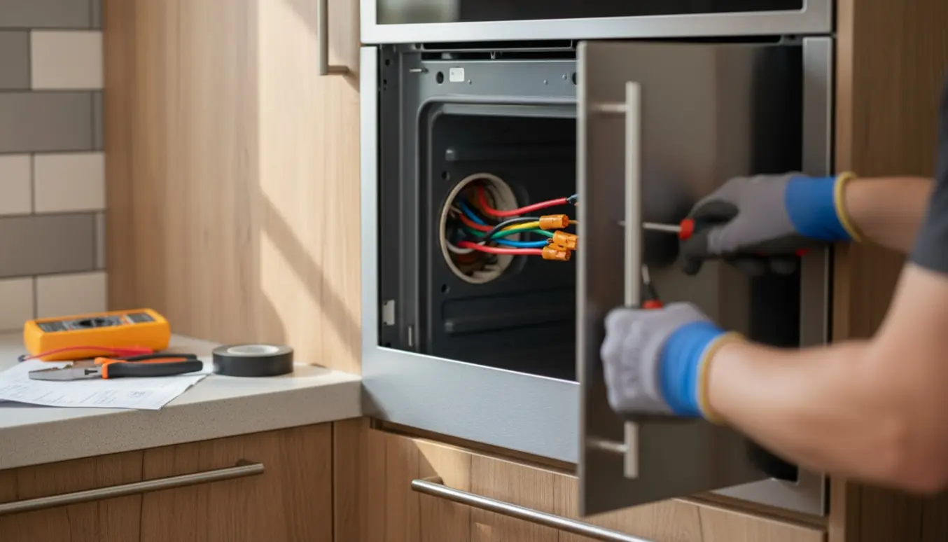 Hænder i handsker tilslutter ledninger i el-dåse med samlemuffer ved montering af ny indbygningsovn.