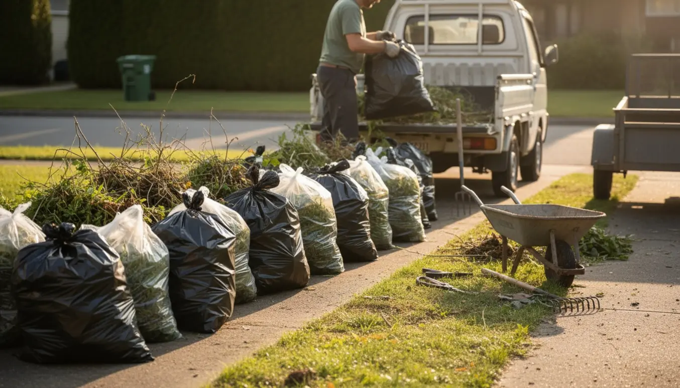 Plastiksække med haveaffald læsses i en umarkeret trailer ved en indkørsel med haveredskaber tæt ved.