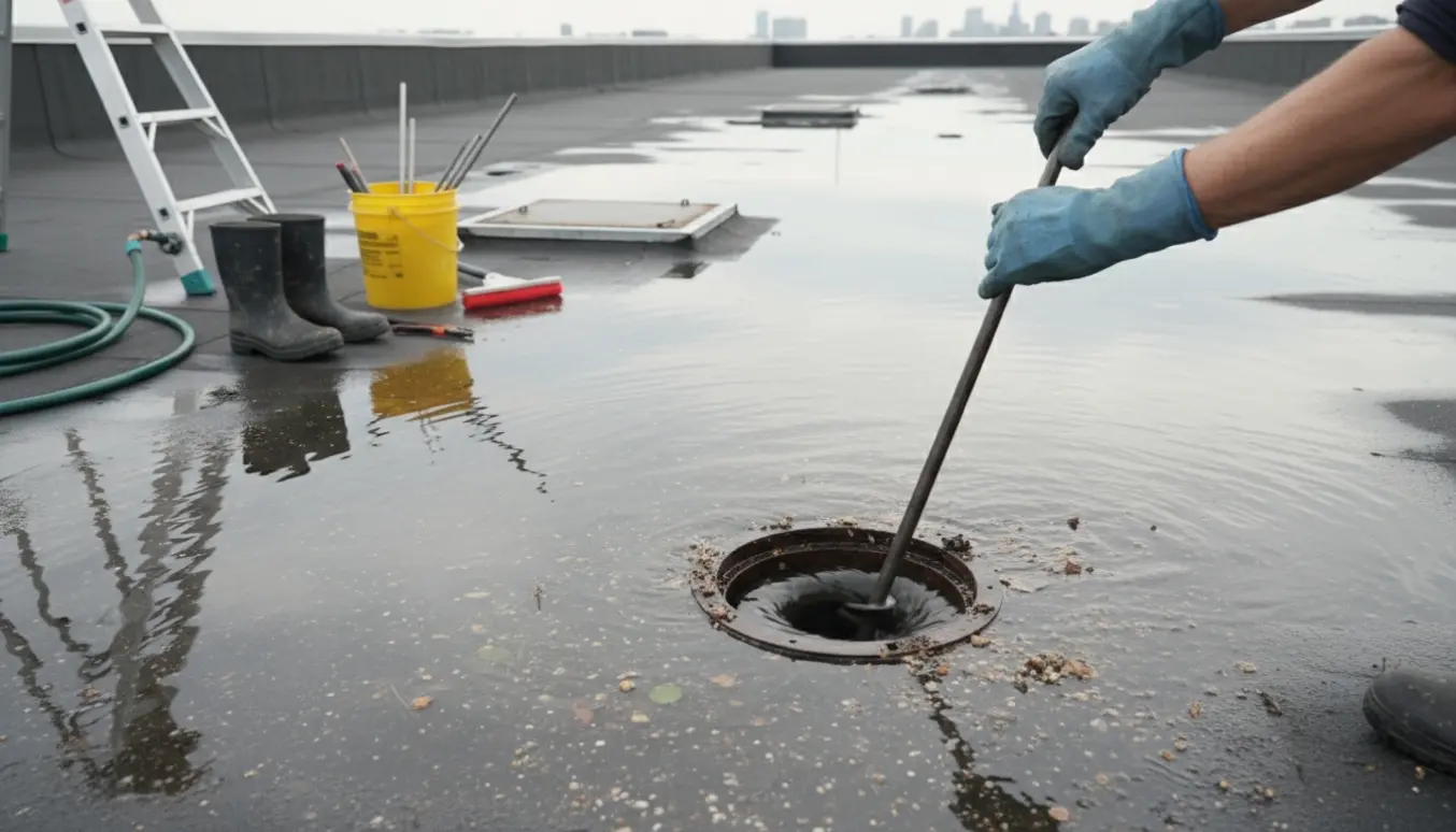 Arbejdshandsker fjerner tilstopning i afløbsrør på et fladt tag med vandansamling.
