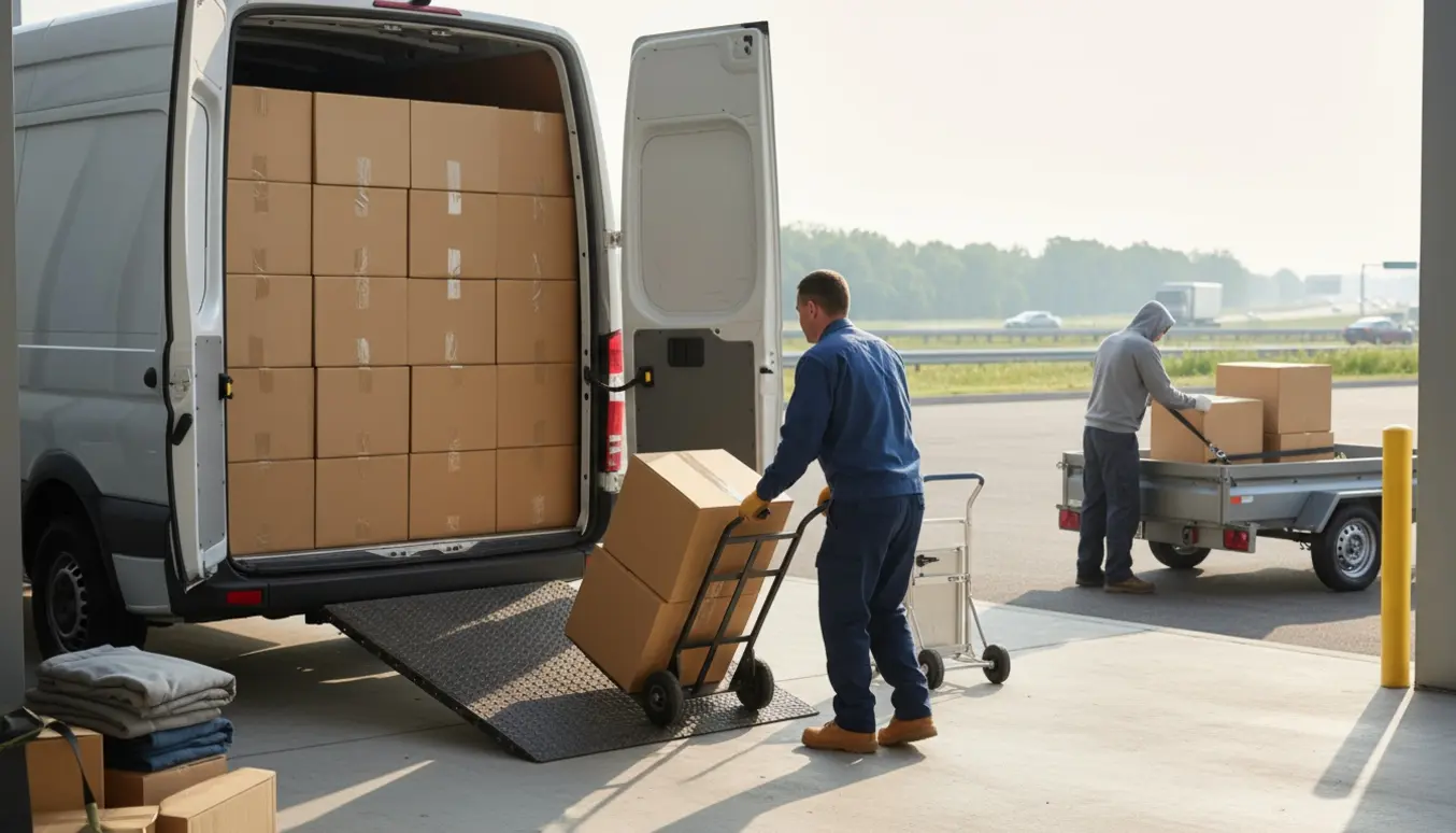 Flyttebil ved et læsseområde med stabler af flyttekasser og en læsserampe, uden tydelige ansigter.
