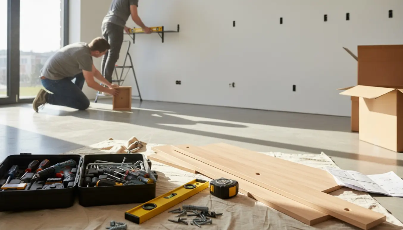 Værktøj og hænder samler møbler og hænger en hylde op i en lys lejlighed.