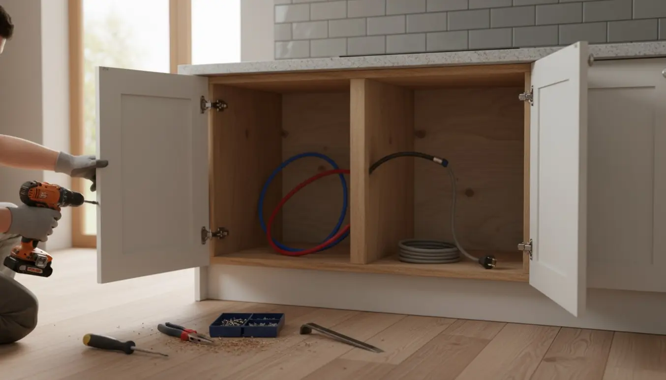 Afmontering af køkkenskab under bordplade med værktøj og åben plads til vaskemaskine.