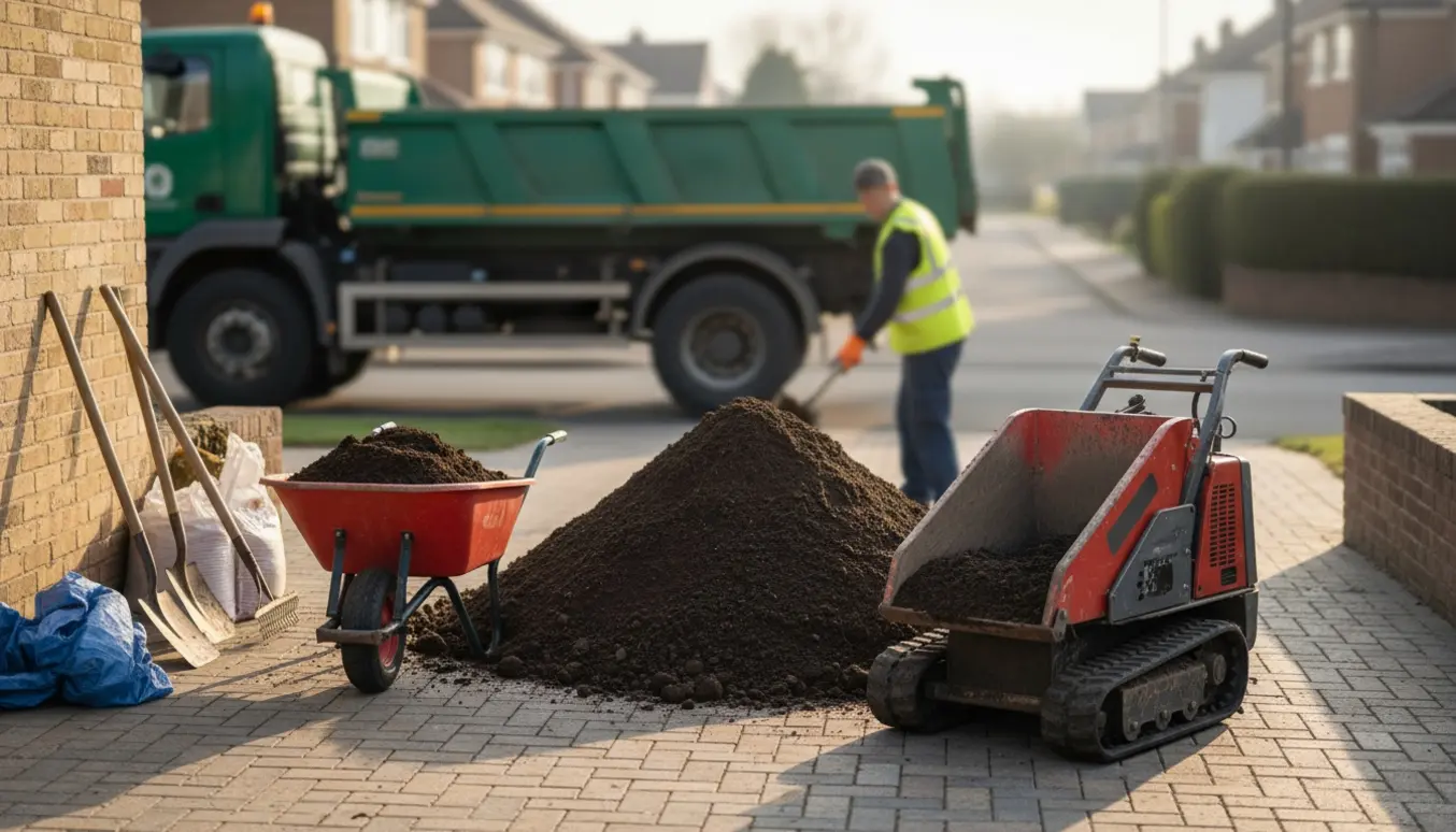Mini-dumper og trillebør fjerner havejord fra en indkørsel, mens en større sækkevogn venter på gaden.