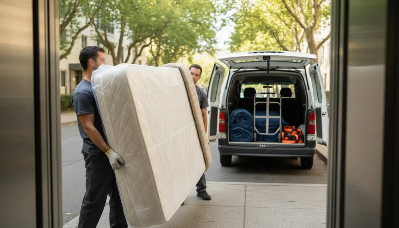 To flyttemedarbejdere bærer en indpakket boxmadras gennem opgangen mod en åben elevator, med varevogn og flytteudstyr udenfor.