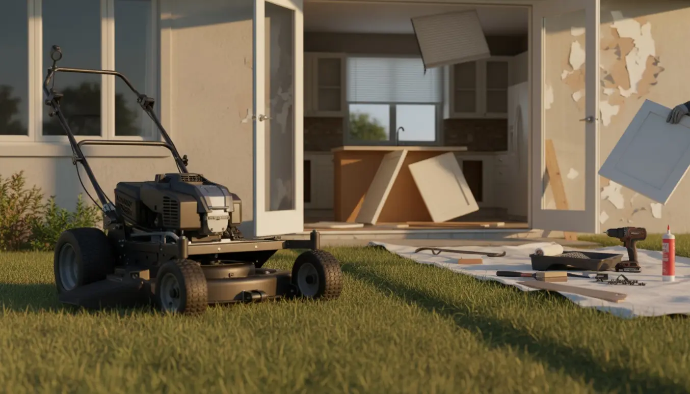 En professionel plæneklipper på græsplænen foran et hus med indvendige skader og handyman-værktøj klar til udbedring.