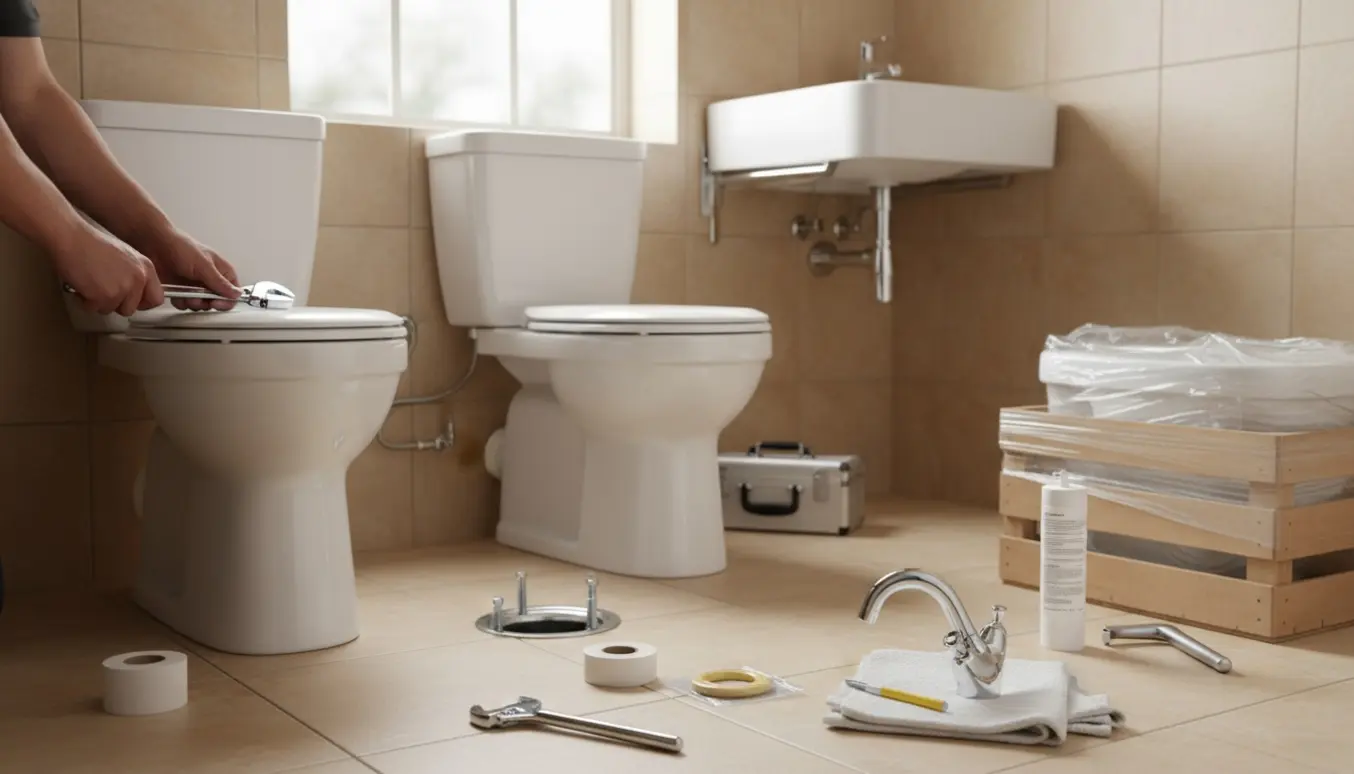 Nyt gulvtoilet og håndvask klar til montering i et lyst badeværelse med værktøj og gamle enheder klar til bortskaffelse.
