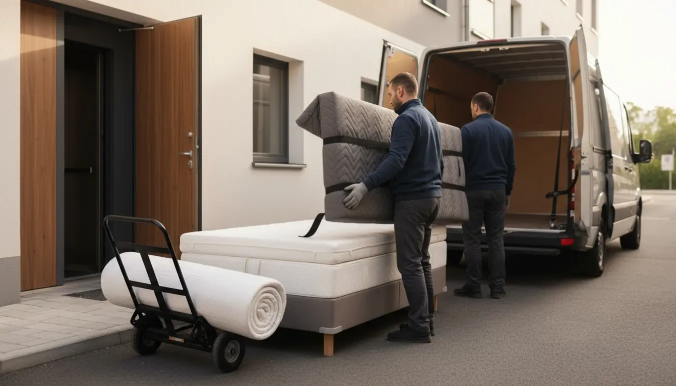 Flyttefolk bærer en kontinentalseng med top- og rullemadras og en stor gavl ind i en åben flyttevogn ved en lejlighedsindgang.