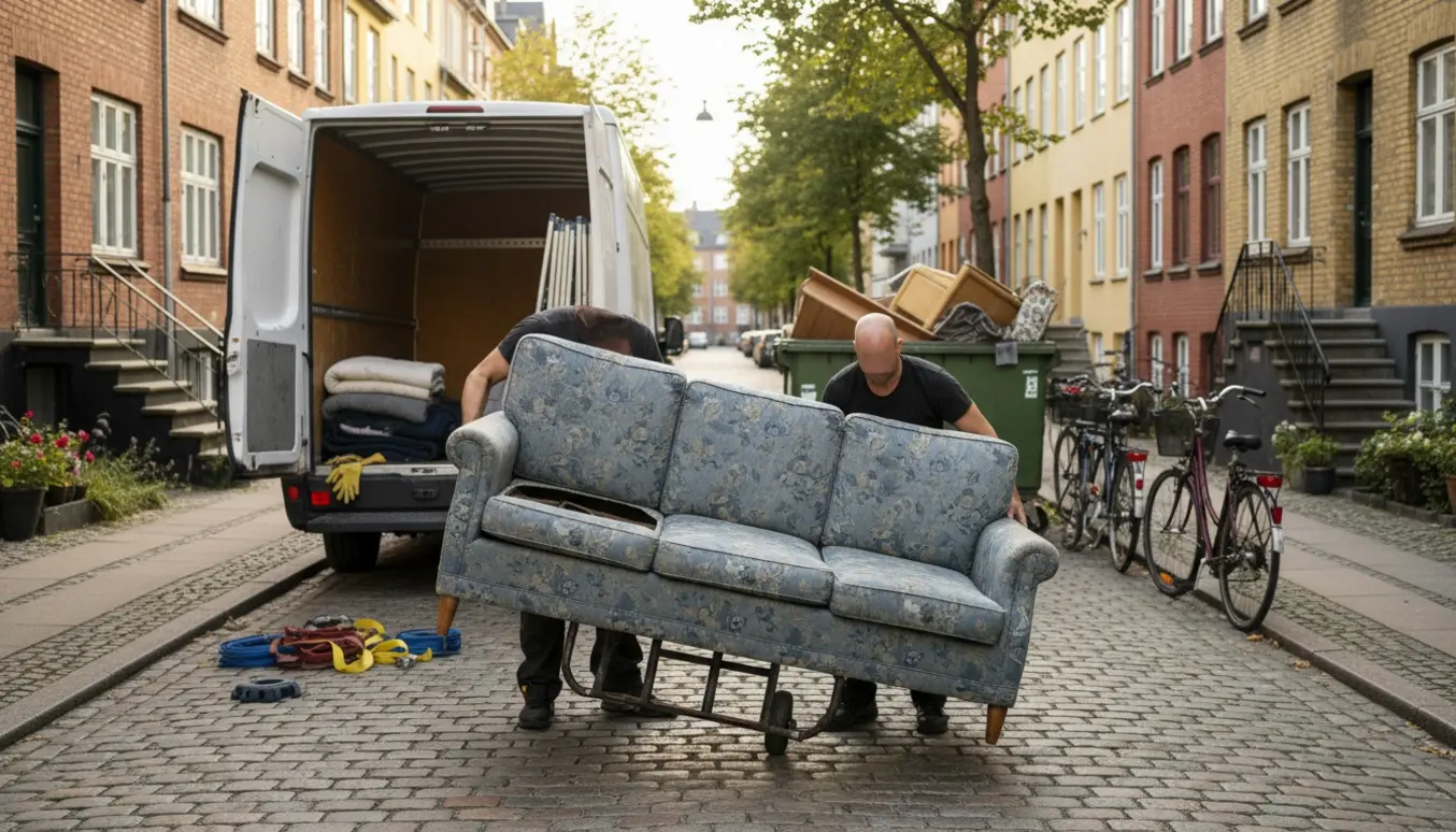 En brugt sofa løftes ind i en flyttevogn ved en Nørrebro-gade ved siden af en åben genbrugscontainer.