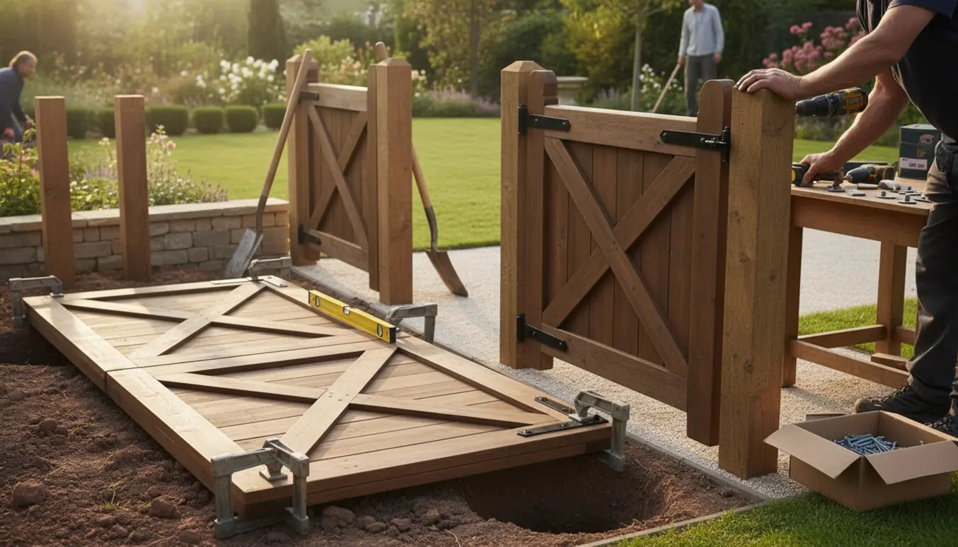 To dobbelte træhavelåger under opsætning med værktøj og opgravede stolpehuller.