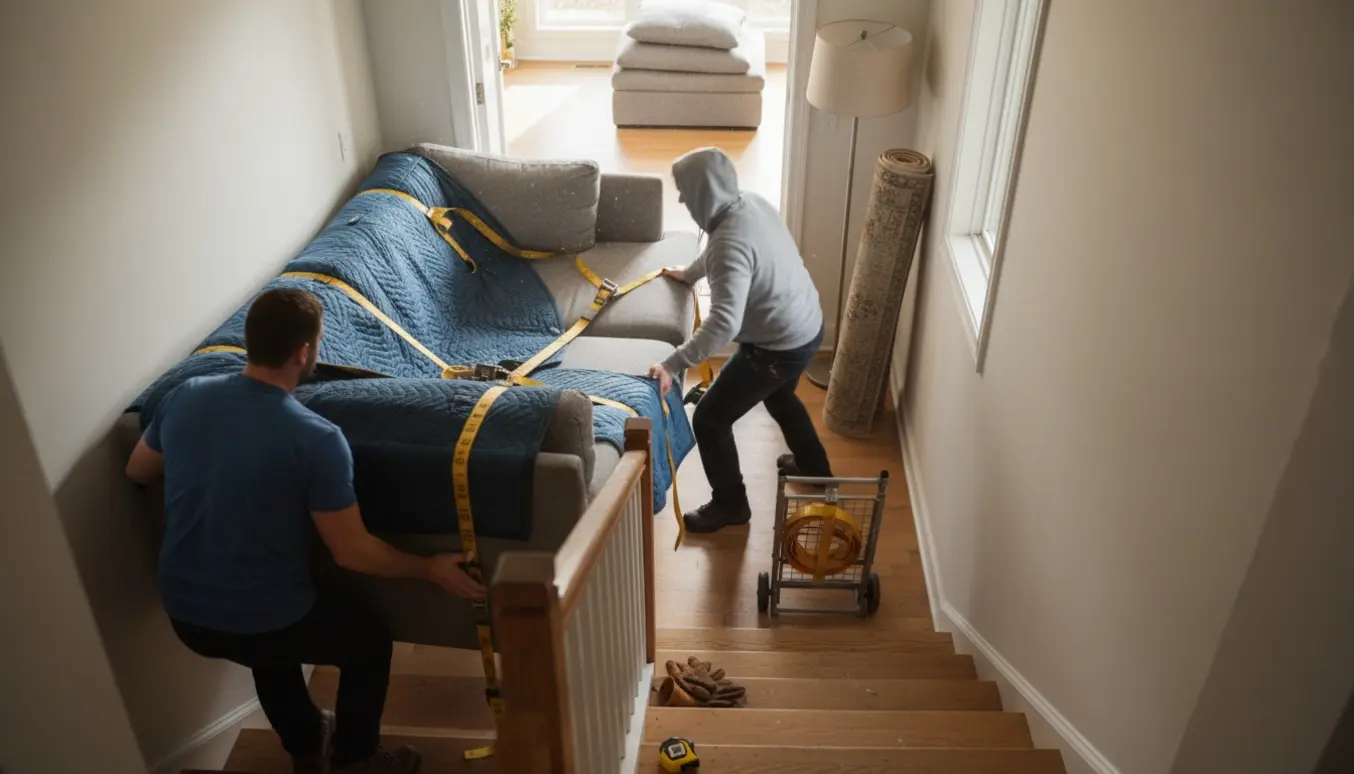 To flyttemænd bærer en stor hjørnesofa op ad to små trapper mod stuen, uden tydelige ansigter.