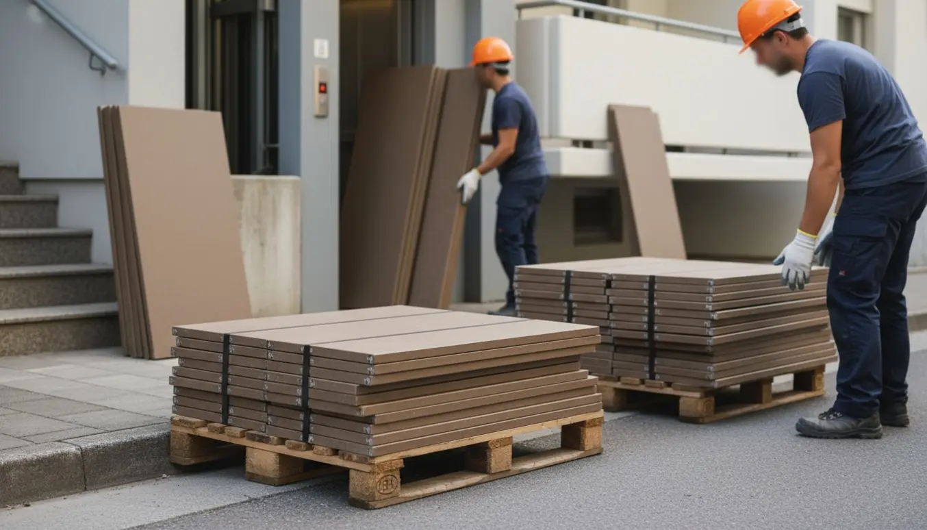 To arbejdere fører tunge paneler fra fortovet ind i en åben elevator mod en øvre etage.