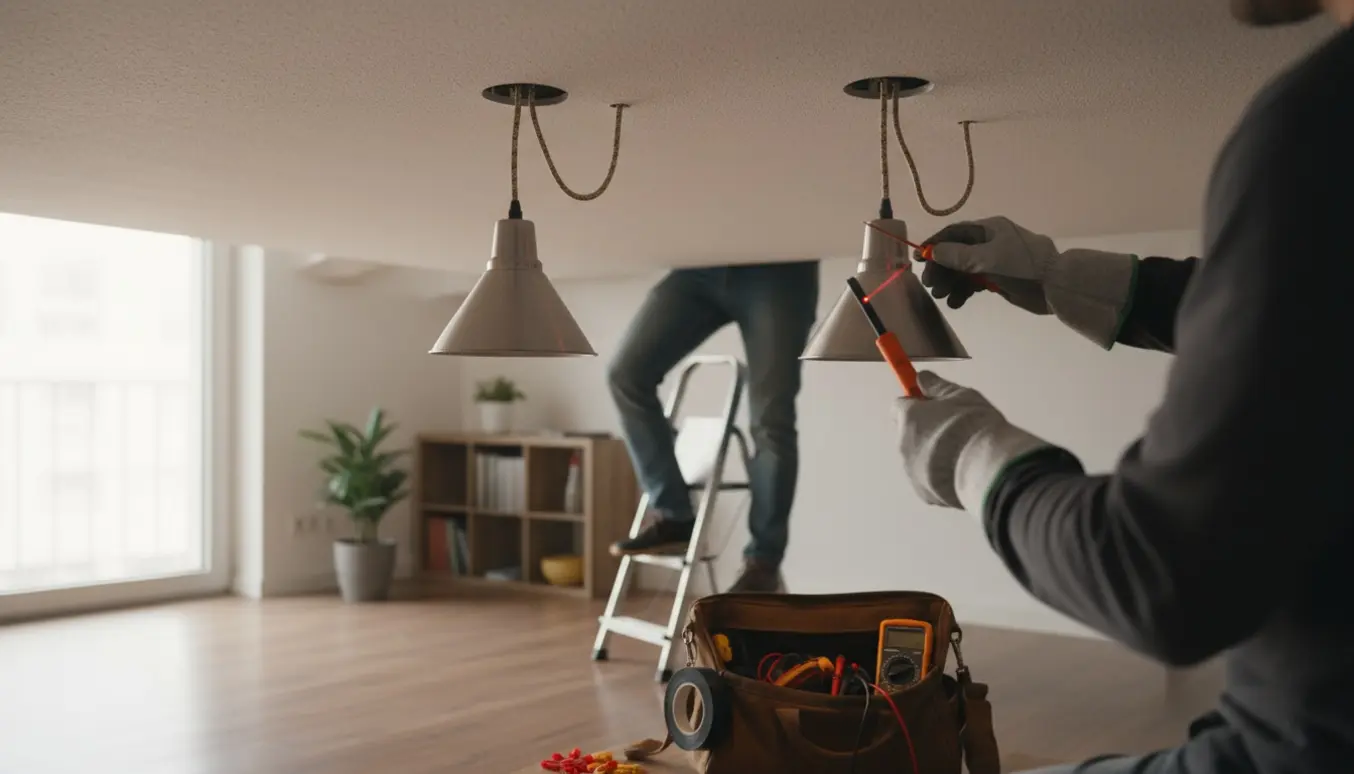 En fagperson tester og forbereder ledningerne til to hængende lamper på en lille skammel i en lys lejlighed.