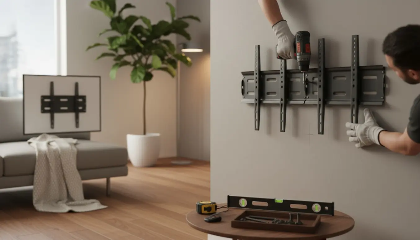 Installering af to TV-vægophæng i en moderne stue med værktøj og et fladt billed-tv parat til ophængning.