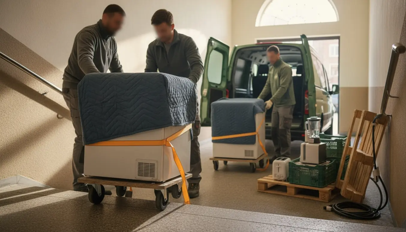 To personer bærer en lille fryser ned ad en trappe og læsser den i en el-varevogn til bæredygtig bortskaffelse.