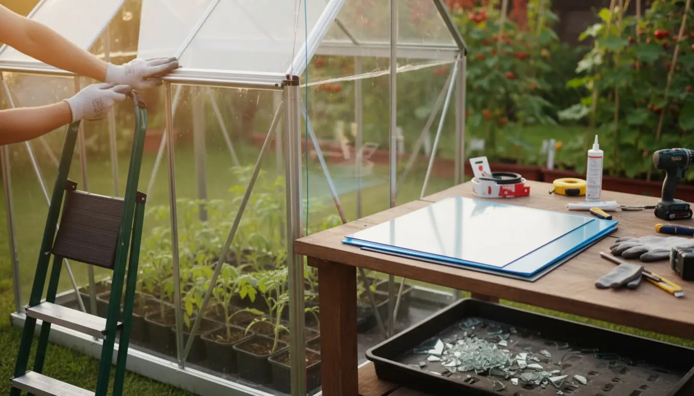 Montering af plexiglas i et lille drivhus med værktøj og planter i baggrunden.