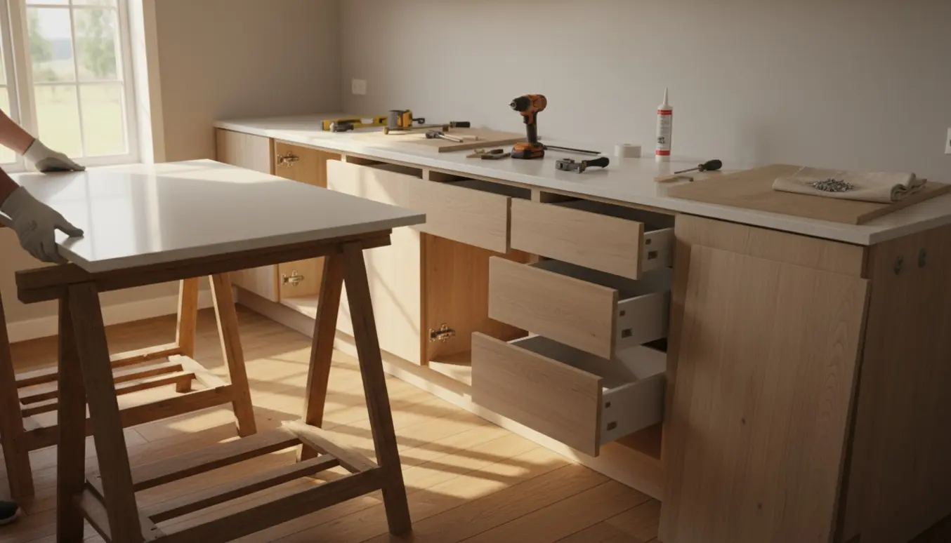 Hænder monterer en Corian-bordplade og skabslåger i et lyst sommerhuskøkken.