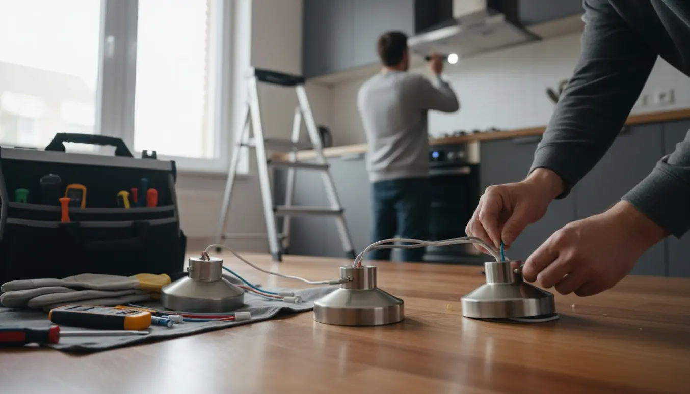 Hænder monterer to loftslamper i et køkken, mens en person tjekker en støjende emhætte.