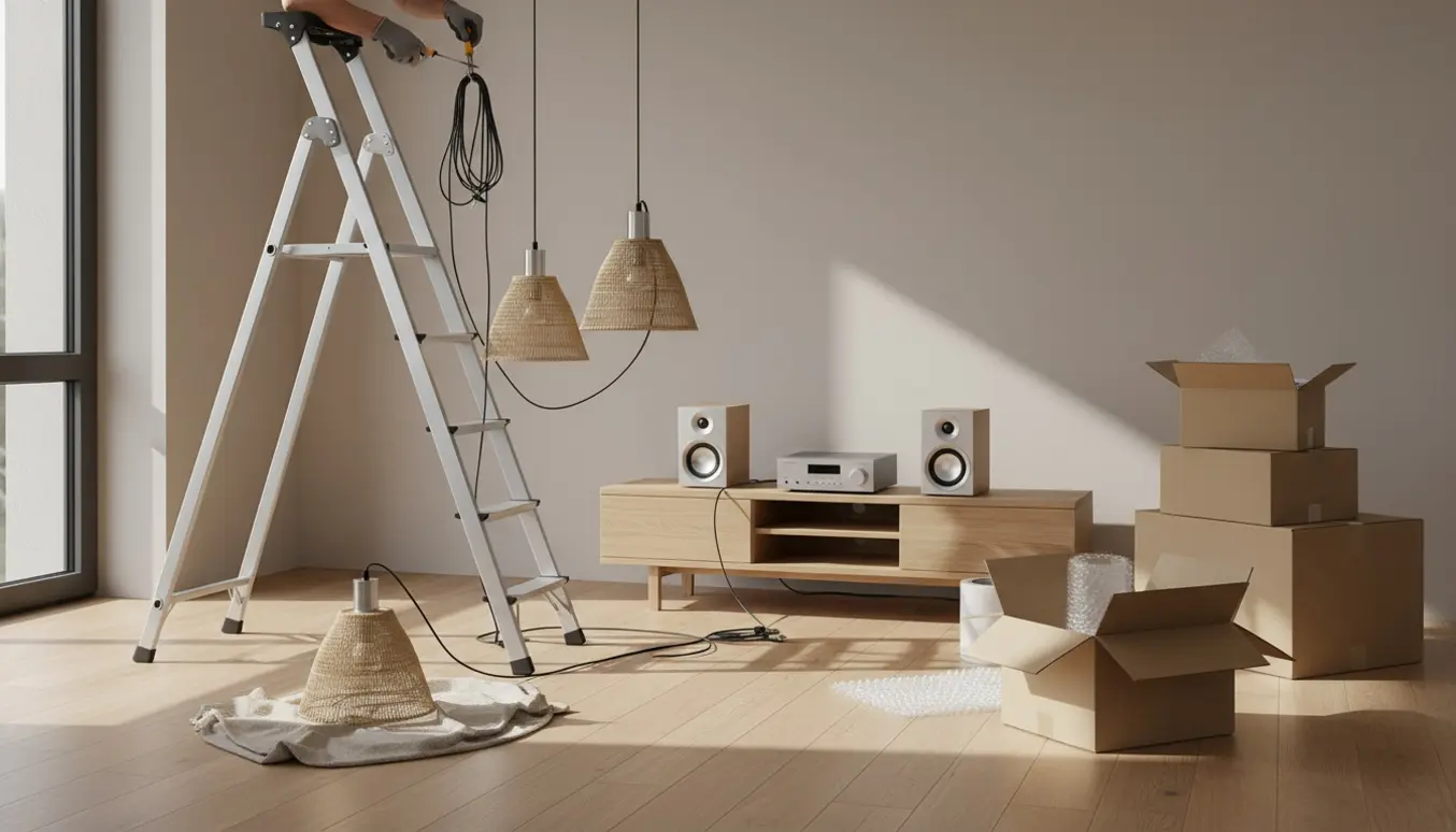 Gloved hænder afmonterer tre pendellamper og frakobler et stilrent stereoanlæg i en stue klar til flytning.